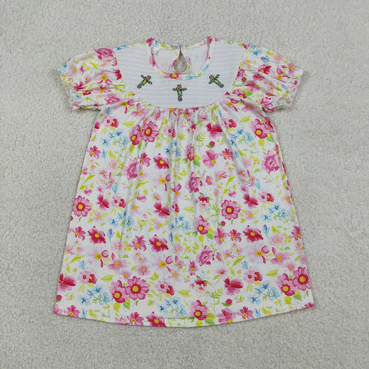 GSD3314 Pink Floral & Cross Embroidery Smocked Girls Easter Dress