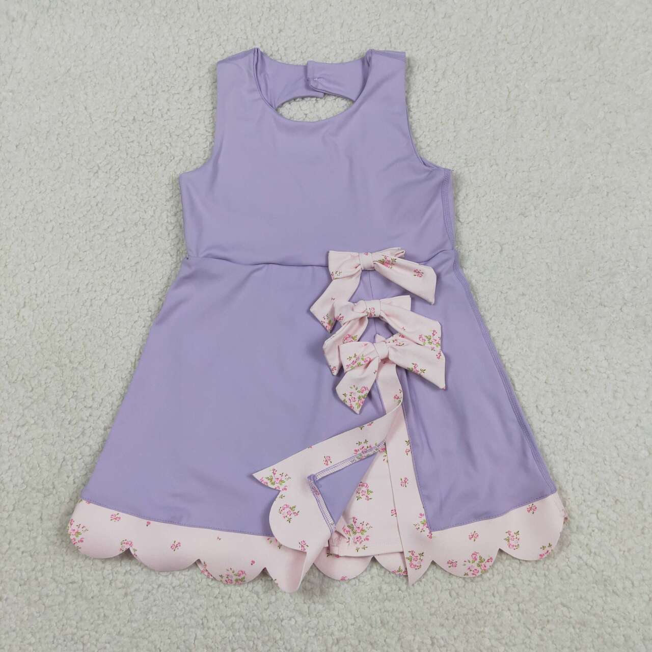 GSD3317 Pink Floral Bows Scallop Edge Baby Girls Purple Sleeveless Yoga Dress