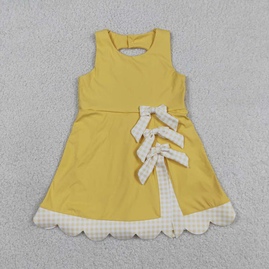 GSD3318 Yellow Plaid Bows Girls Summer Scallop Yoga Dress