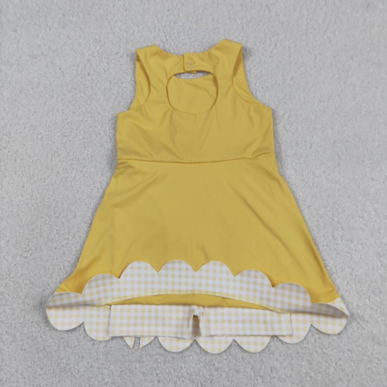 GSD3318 Yellow Plaid Bows Girls Summer Scallop Yoga Dress