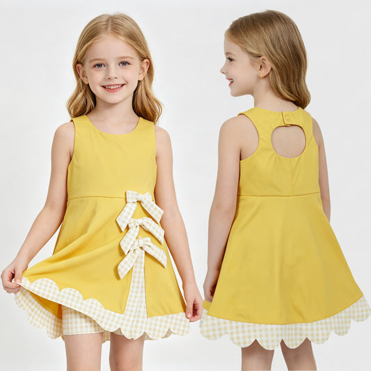GSD3318 Yellow Plaid Bows Girls Summer Scallop Yoga Dress