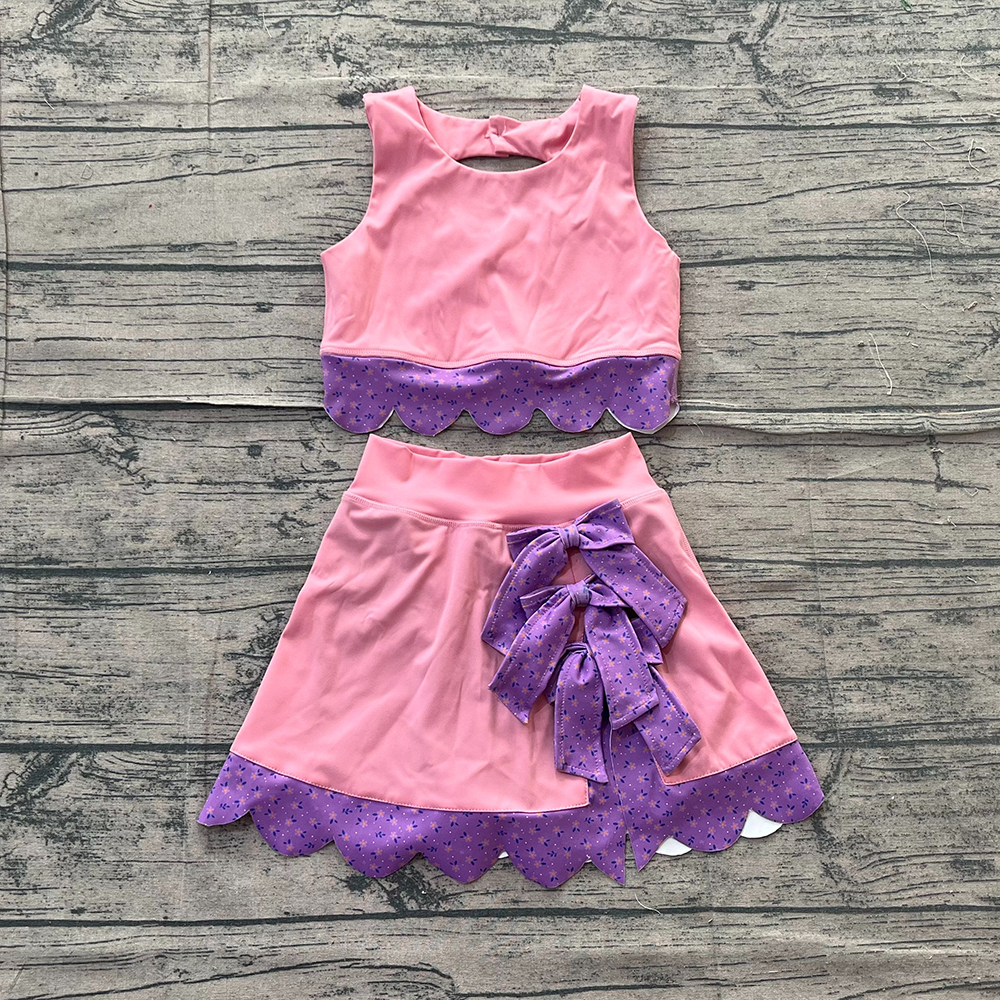 6 Colors Tank Top Bows Skort Baby Girls Yoga Scallop Clothes Set Sisters Wear