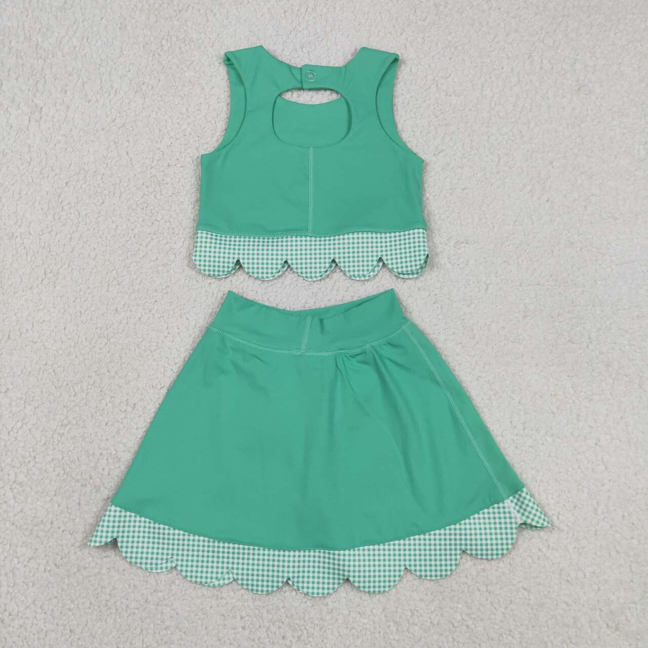 GSD3320 Green Tank Top Bows Skort Baby Girls Yoga Scallop Clothes Set