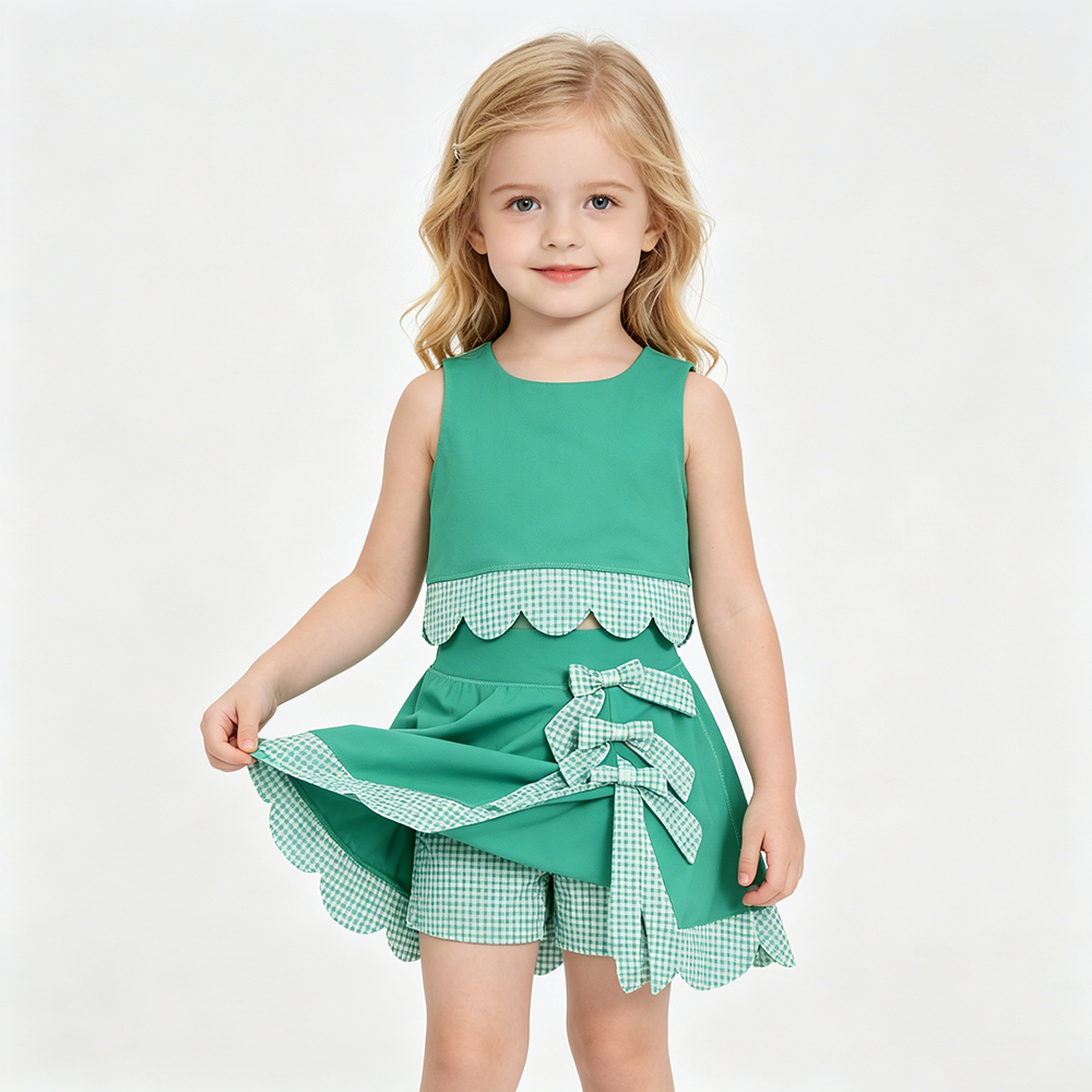 6 Colors Tank Top Bows Skort Baby Girls Yoga Scallop Clothes Set Sisters Wear