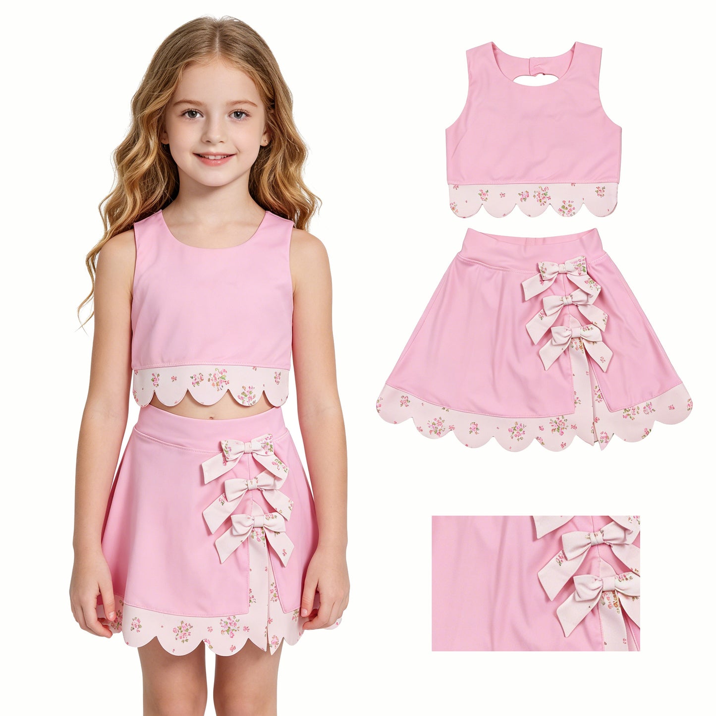 Pink Tank Top Bows Skort Girls Scallop Yoga Clothes Set