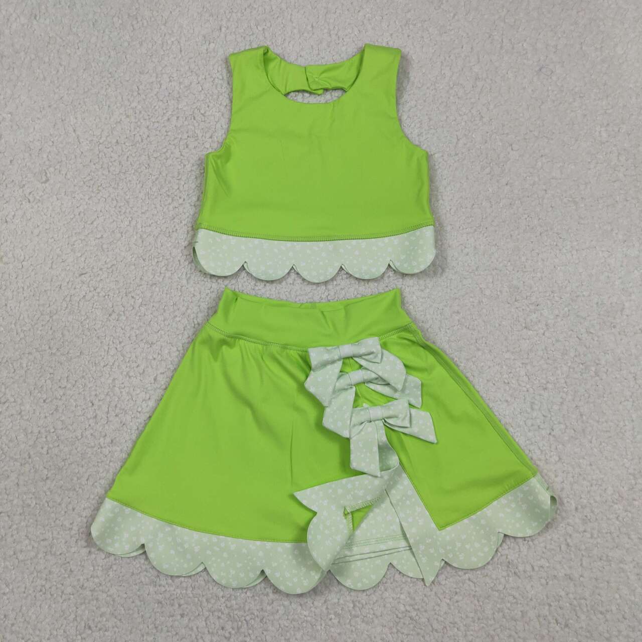 GSD3322 Lime Tank Top Bows Skort Girls Scallop Yoga Clothes Set