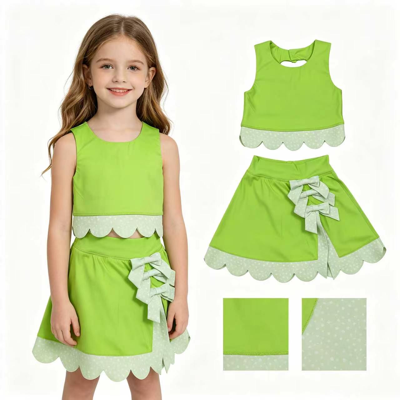 GSD3322 Lime Tank Top Bows Skort Girls Scallop Yoga Clothes Set