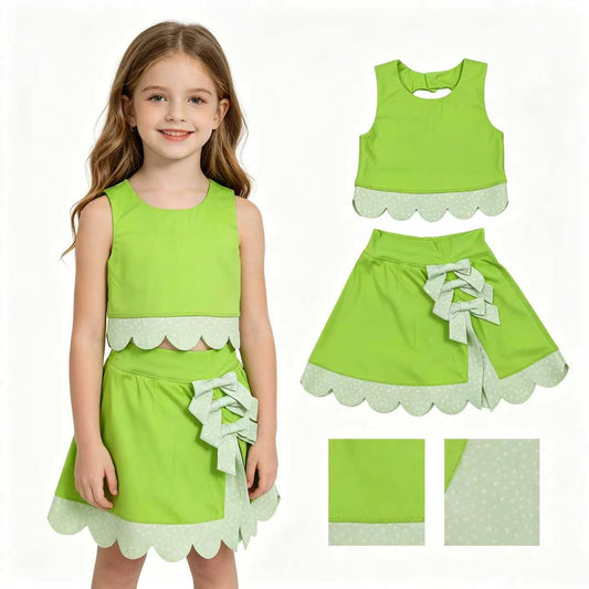 GSD3322 Lime Tank Top Bows Skort Girls Scallop Yoga Clothes Set