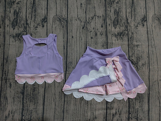 Preorder GSD3323 Purple Tank Top Bows Skirts Shorts Girls Scallop Yoga Clothes Set