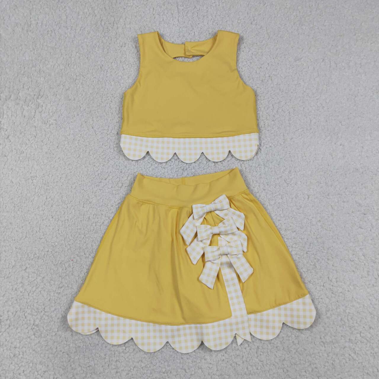 GSD3324 Yellow Tank Top Bows Skort Girls Scallop Yoga Clothes Set