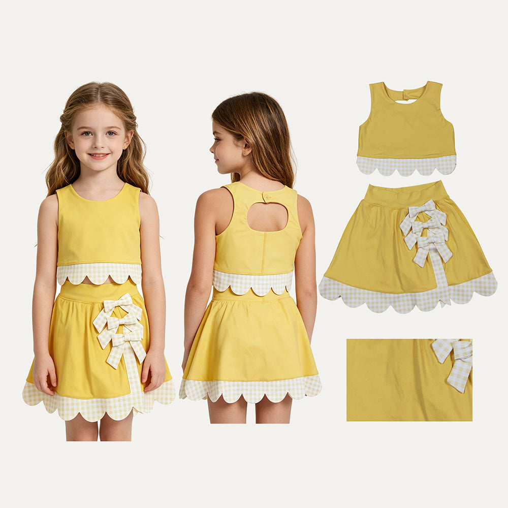 6 Colors Tank Top Bows Skort Baby Girls Yoga Scallop Clothes Set Sisters Wear