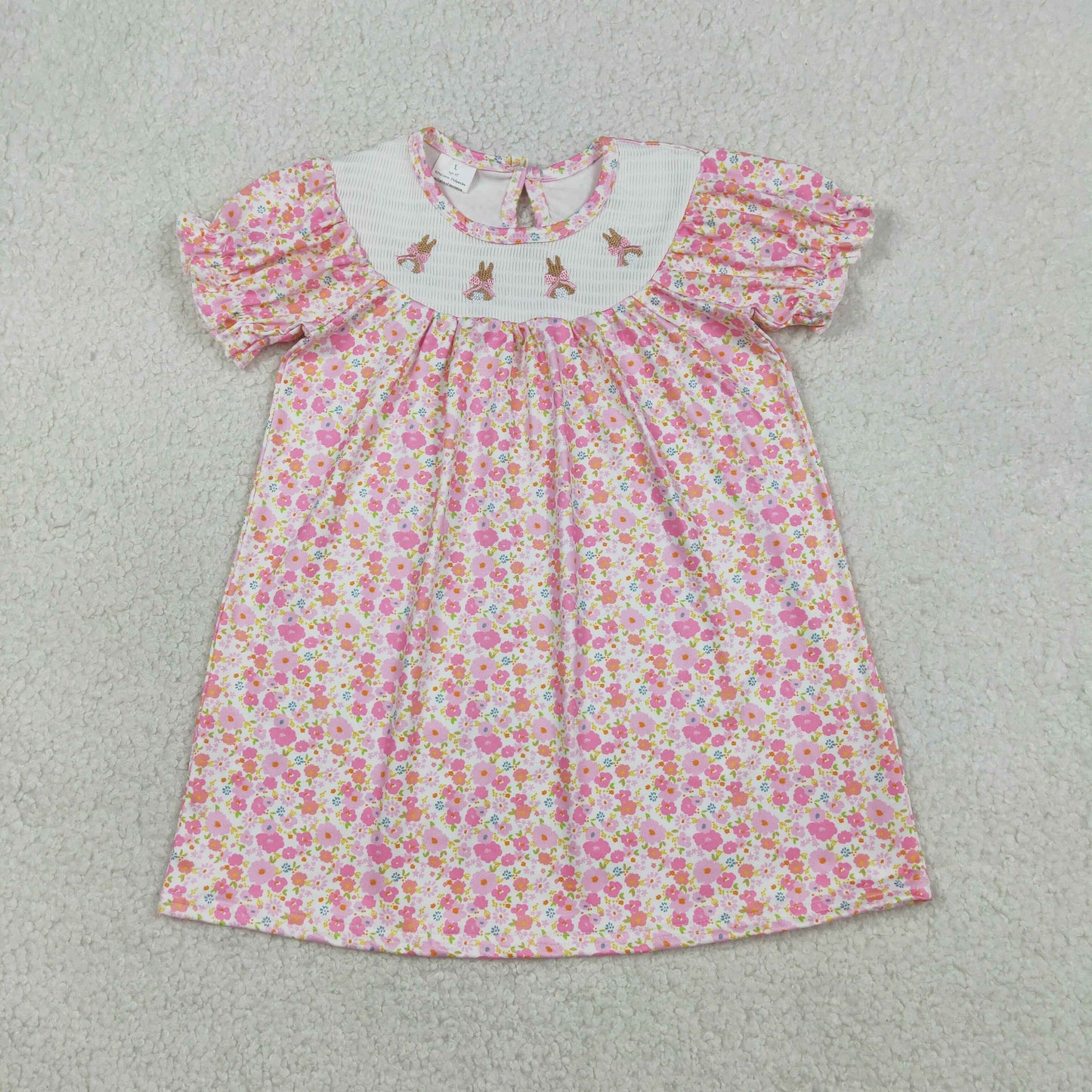 GSD3406 Bunny Embroidery Pink Small Flowers Print Girls Easter Knee Length Smocked Dress