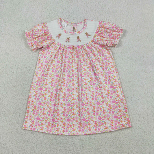 GSD3406 Bunny Embroidery Pink Small Flowers Print Girls Easter Knee Length Smocked Dress