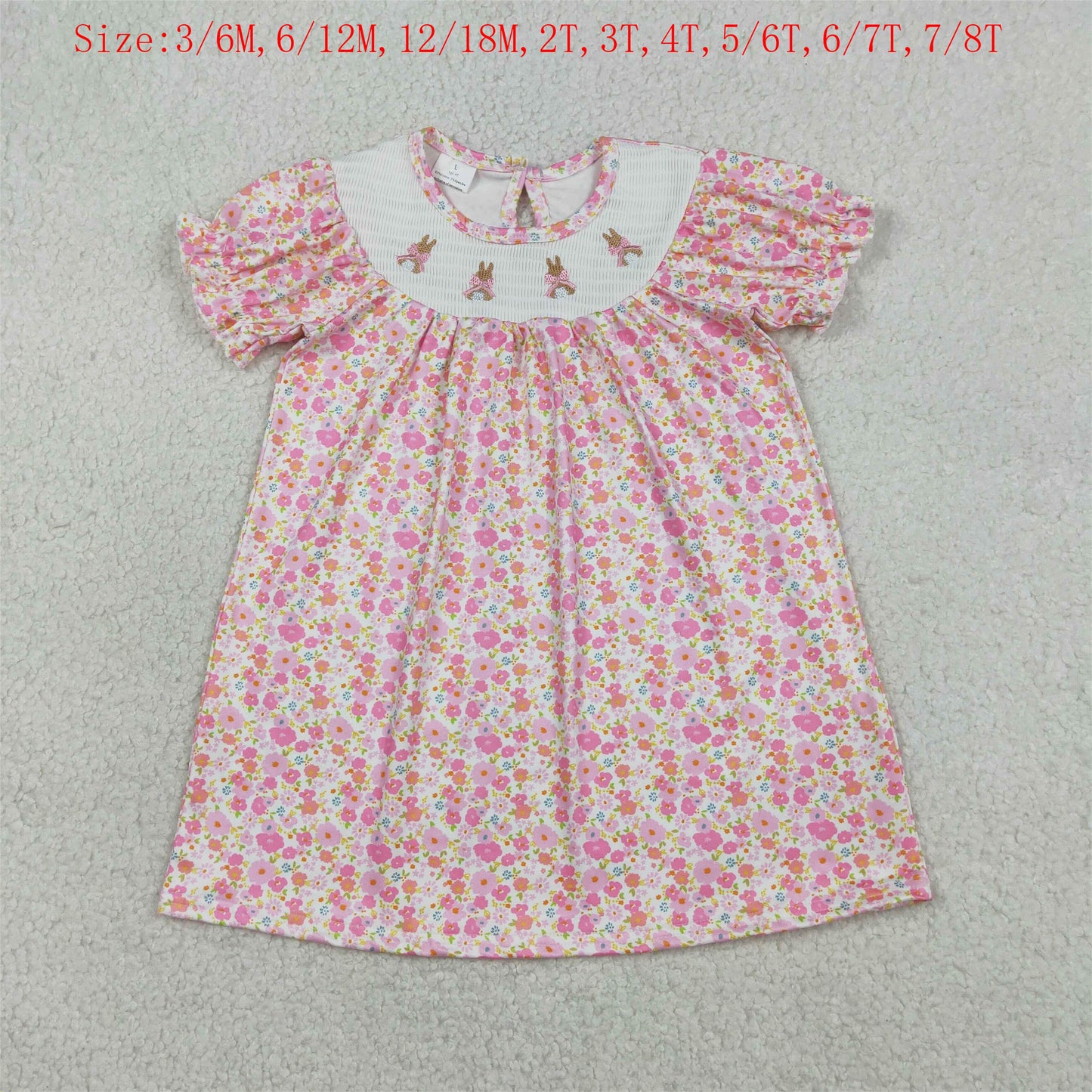 GSD3406 Bunny Embroidery Pink Small Flowers Print Girls Easter Knee Length Smocked Dress