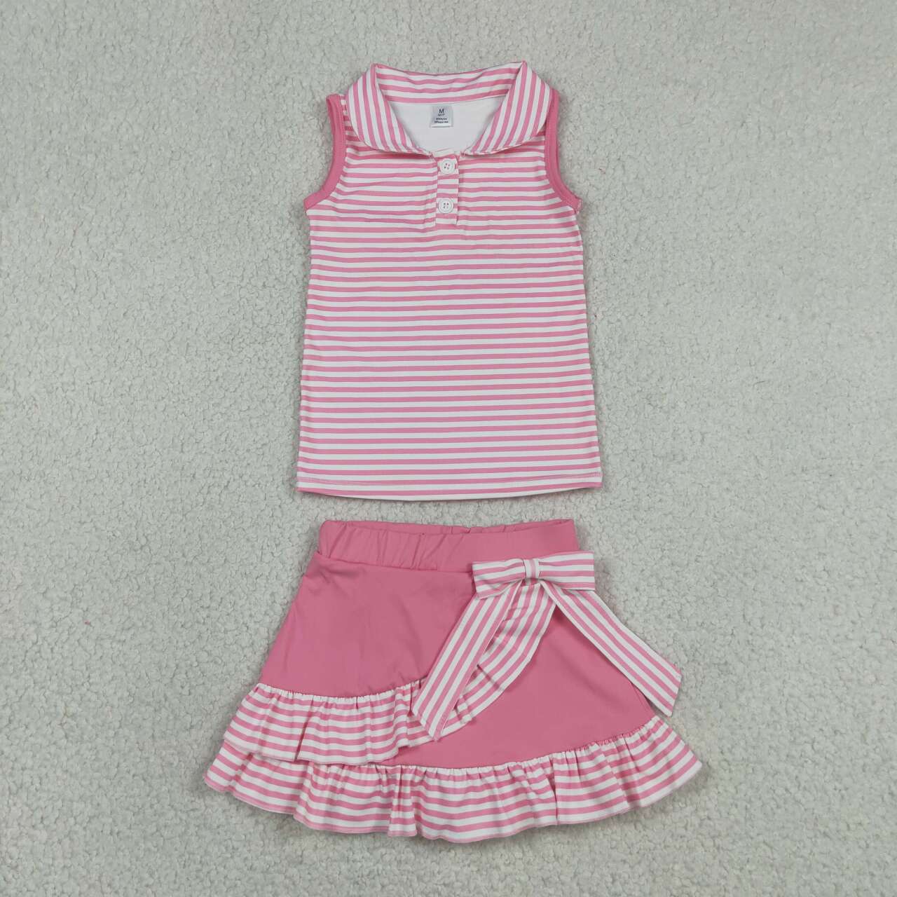GSD3408 Stripes Button Polo Top Ruffle Skort Girls Summer Yoga Clothes Set