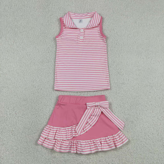GSD3408 Stripes Button Polo Top Ruffle Skort Girls Summer Yoga Clothes Set