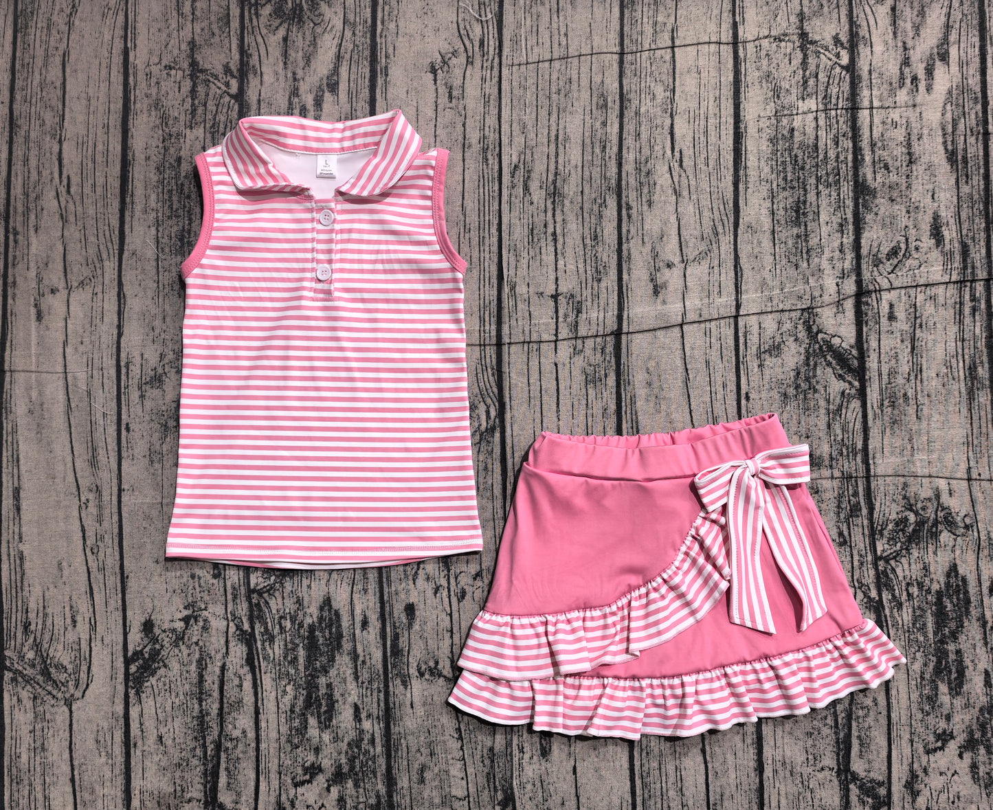 Preorder GSD3408 Stripes Button Polo Top Ruffle Skirts Shorts Girls Summer Yoga Clothes Set