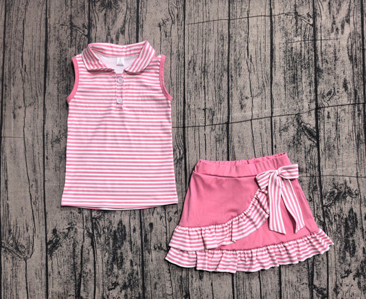 Preorder GSD3408 Stripes Button Polo Top Ruffle Skirts Shorts Girls Summer Yoga Clothes Set
