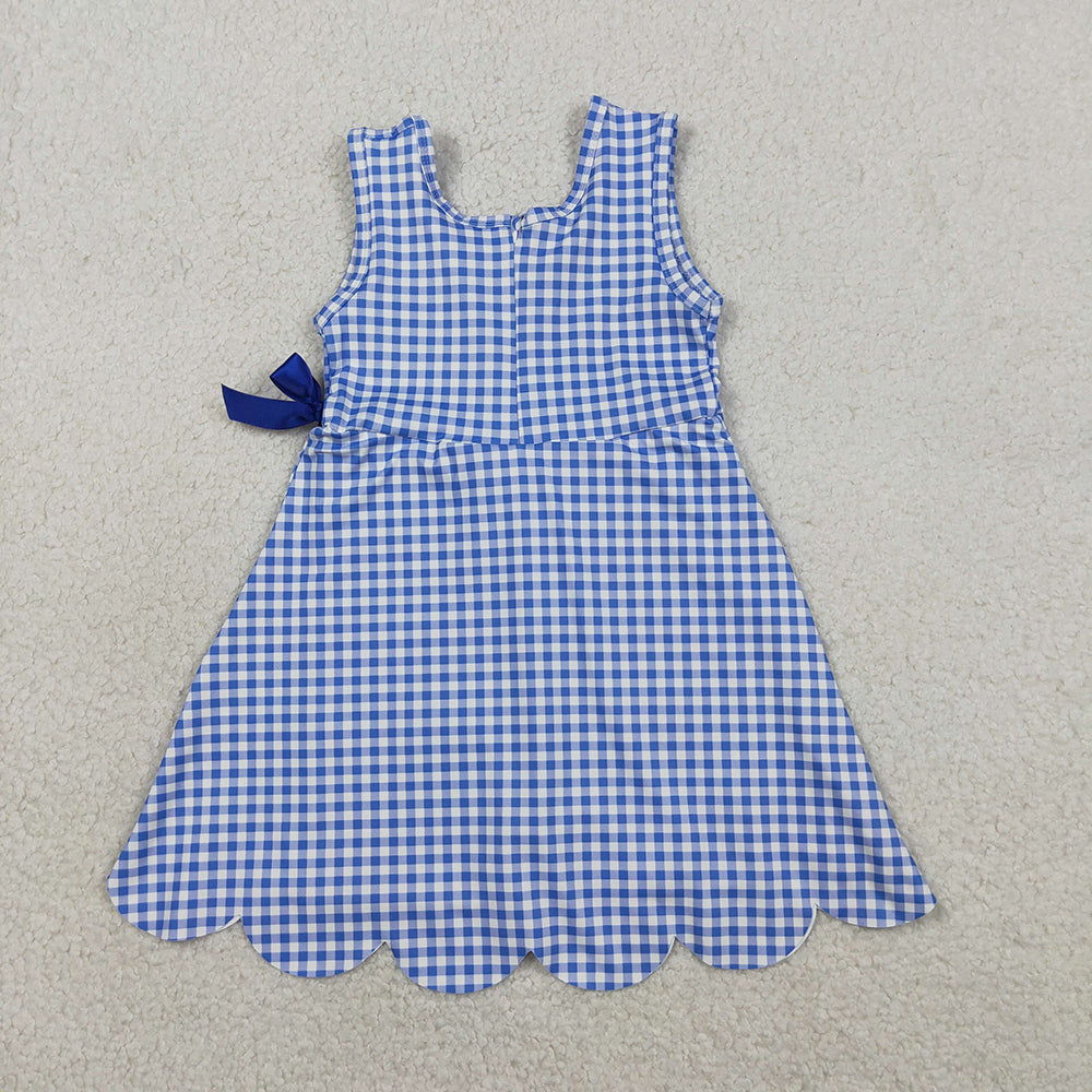GSD3427 Girls’ Blue Plaid Bow Scallop Sleeveless Yoga Dress