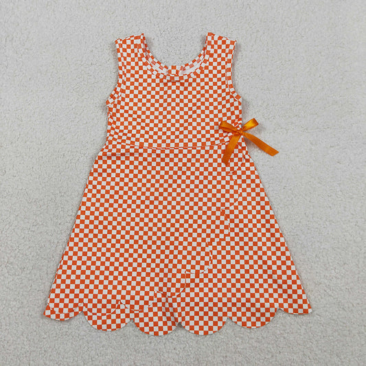 GSD3428 Girls’ Orange Plaid Bow Scallop Sleeveless Yoga Dress
