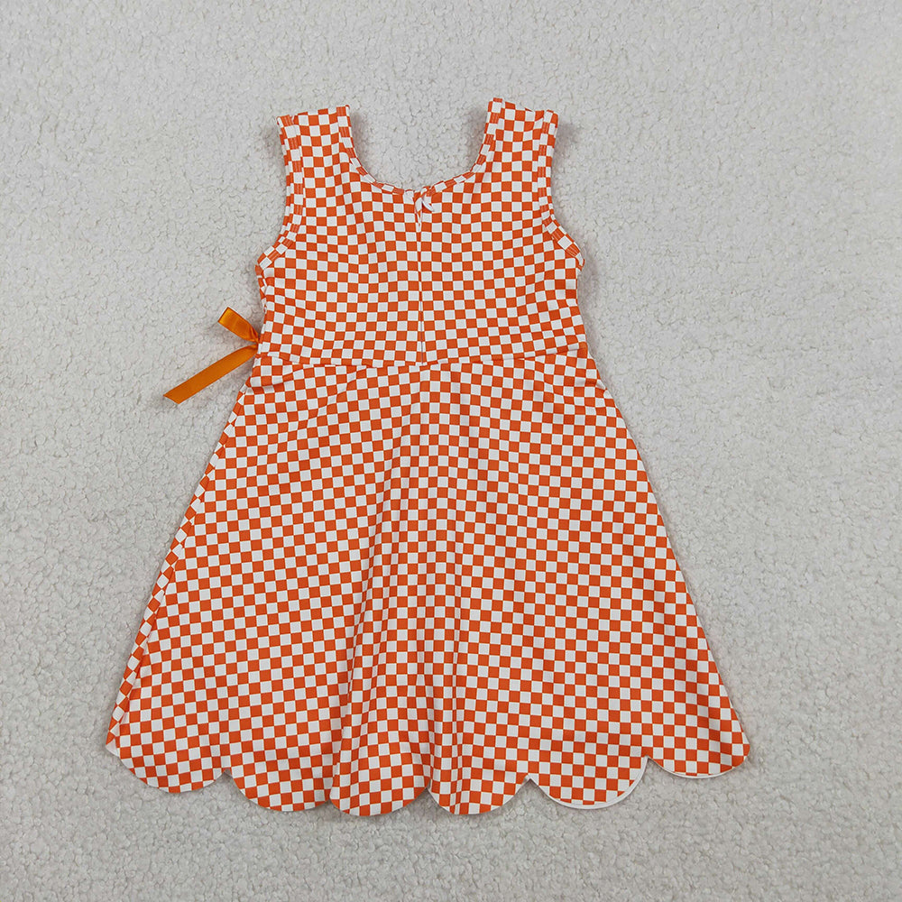 GSD3428 Girls’ Orange Plaid Bow Scallop Sleeveless Yoga Dress