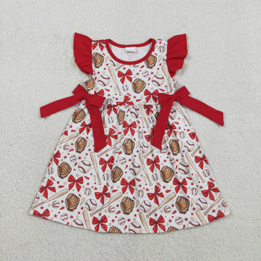 Sibling Baby Girls Red Bows Baseballs Tunic Ruffle Shorts Team Clothes Set Knee Length Dress Rompers