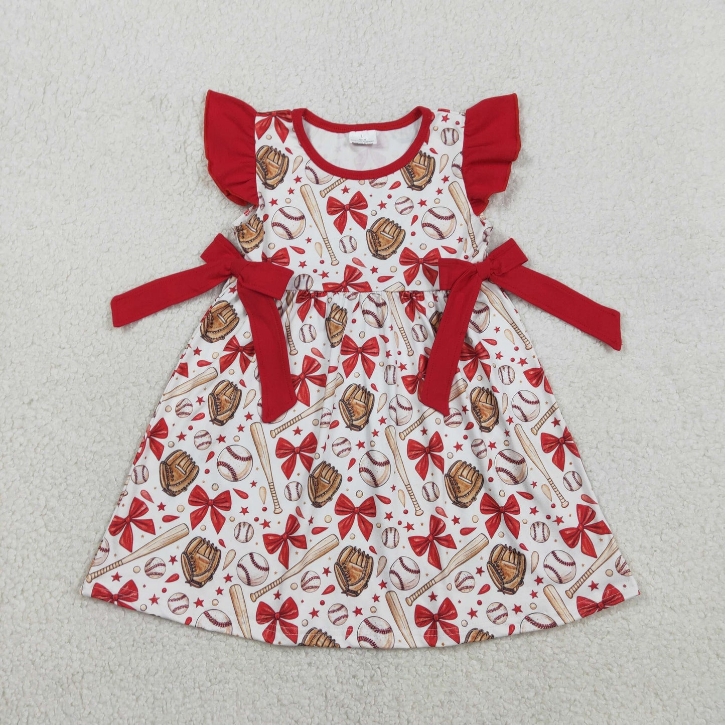 Sibling Baby Girls Red Bows Baseballs Tunic Ruffle Shorts Team Clothes Set Knee Length Dress Rompers