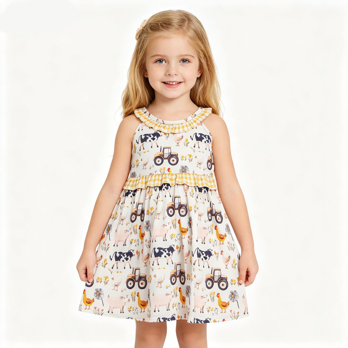 Farm Animals Tractor Print Girls Sleeveless Summer Knee Length Dress