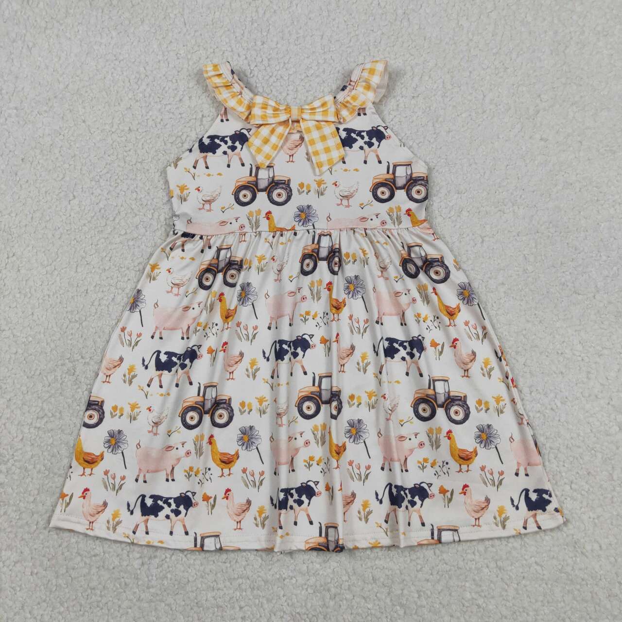 Farm Animals Tractor Print Girls Sleeveless Summer Knee Length Dress