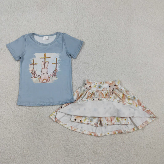 Baby Girls Short Sleeve Crosses Rabbit Top Skirt Shorts Easter  Outfit