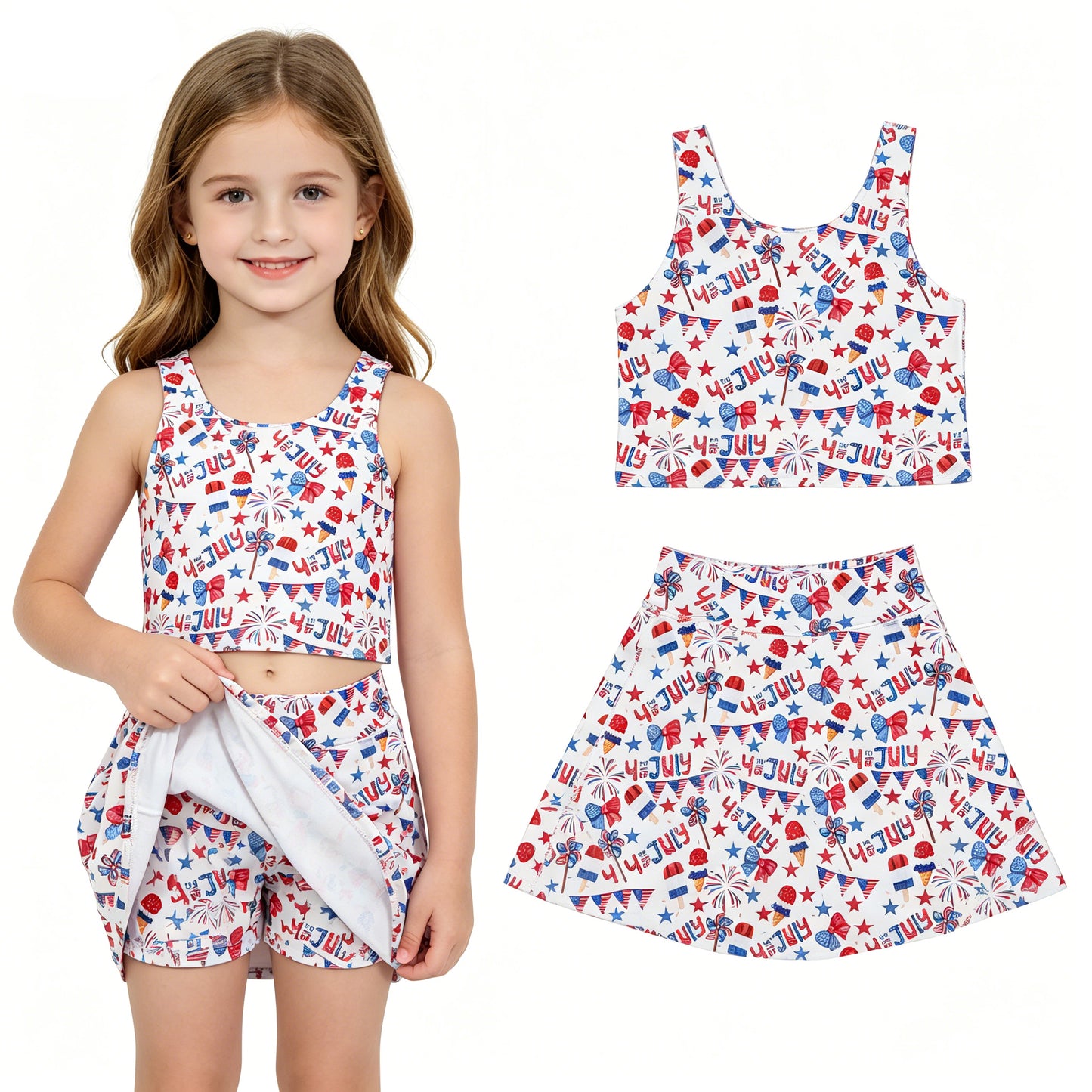 GSD3498 Stars Bows Tank Top Skirts Shorts Girls 4th of July Yoga Clothes Set