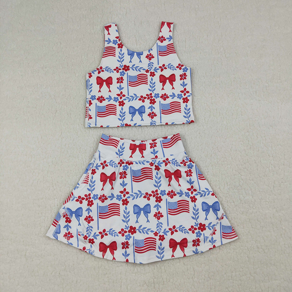 GSD3499 Flag Flowers Bows Print Tank Top Skirts Shorts Girls 4th of July Yoga Clothes Set