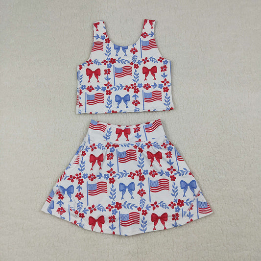 GSD3499 Flag Flowers Bows Print Tank Top Skirts Shorts Girls 4th of July Yoga Clothes Set