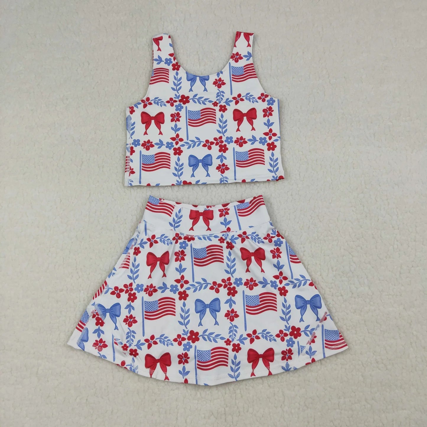 Sibling Baby Girls Flags Bows Vest Top Skirt Shorts 4th of July Yoga Active Clothes Sets