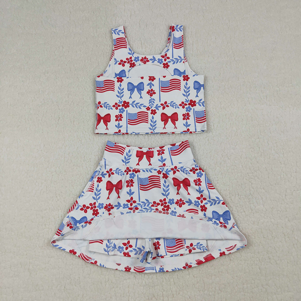 GSD3499 Flag Flowers Bows Print Tank Top Skirts Shorts Girls 4th of July Yoga Clothes Set