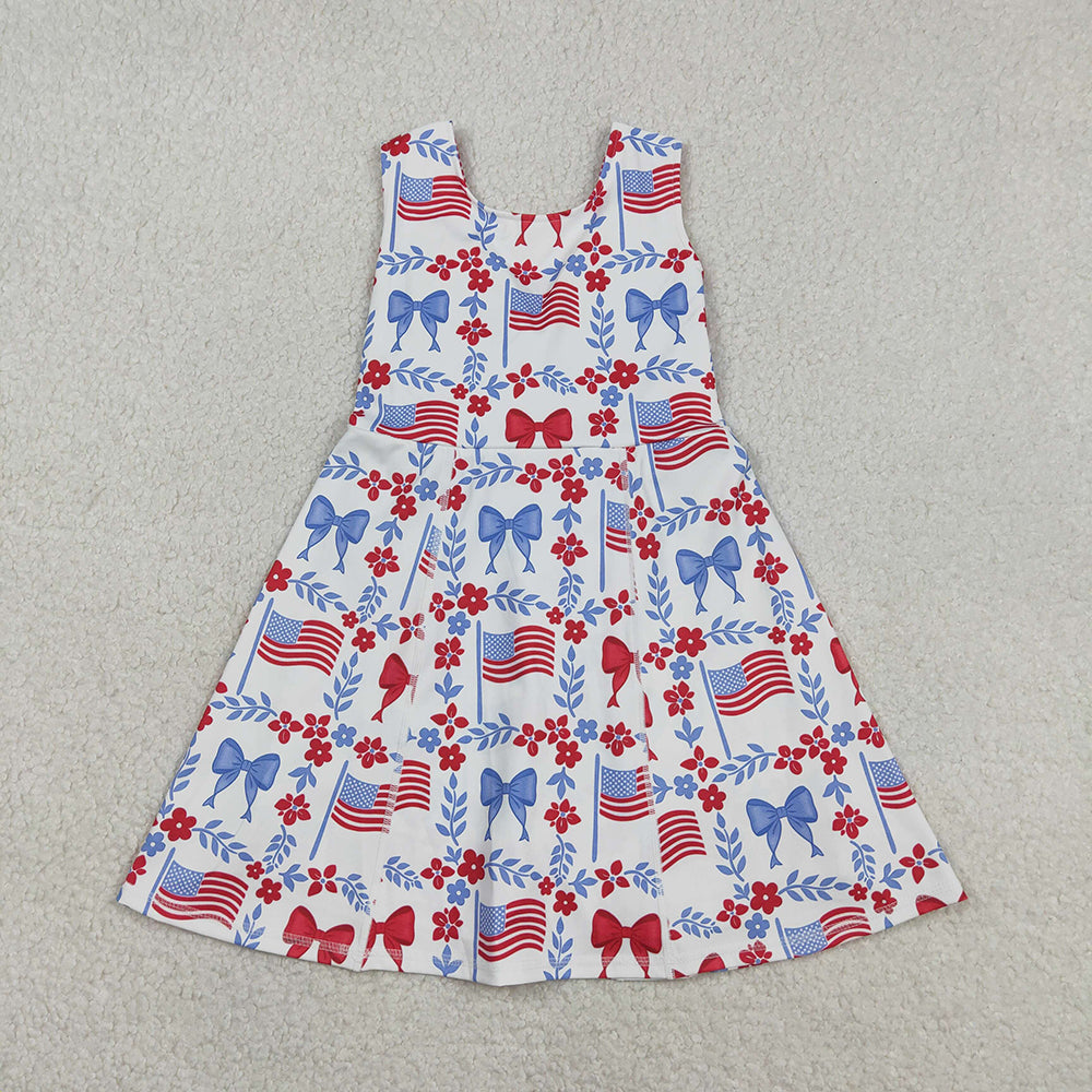 GSD3500 Flag Flowers Bows Print Girls 4th of July Knee Length Yoga Dress