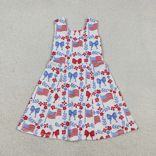 GSD3500 Flag Flowers Bows Print Girls 4th of July Knee Length Yoga Dress