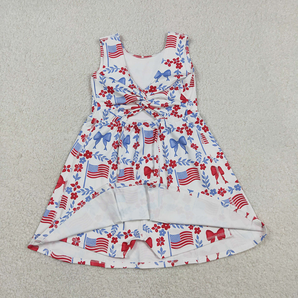 GSD3500 Flag Flowers Bows Print Girls 4th of July Knee Length Yoga Dress