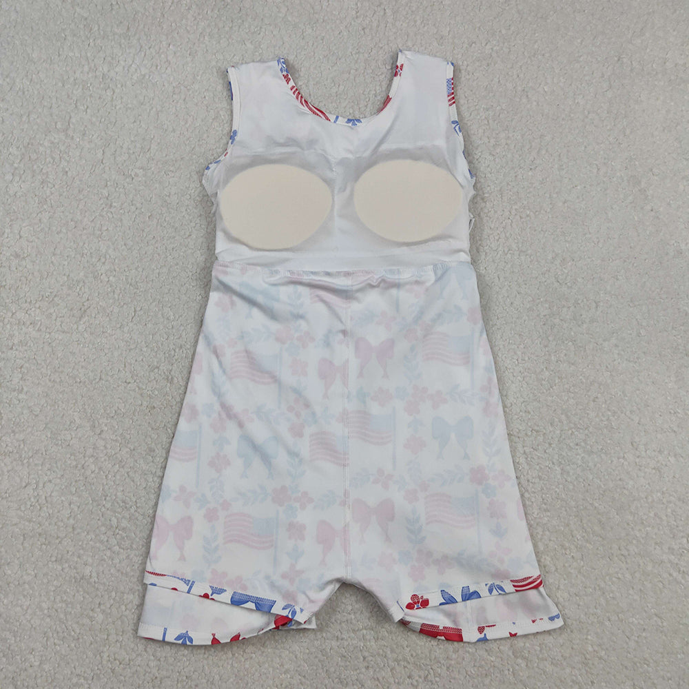 GSD3500 Flag Flowers Bows Print Girls 4th of July Knee Length Yoga Dress