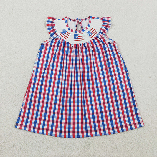 GSD3506  Flag Embroidery Plaid Girls 4th of July Smocked Dress