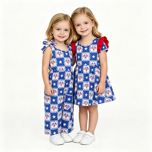 Flag & Star Bow Blue Print Baby Girls 4th of July Strap Jumpsuits Dress Sisters Wear