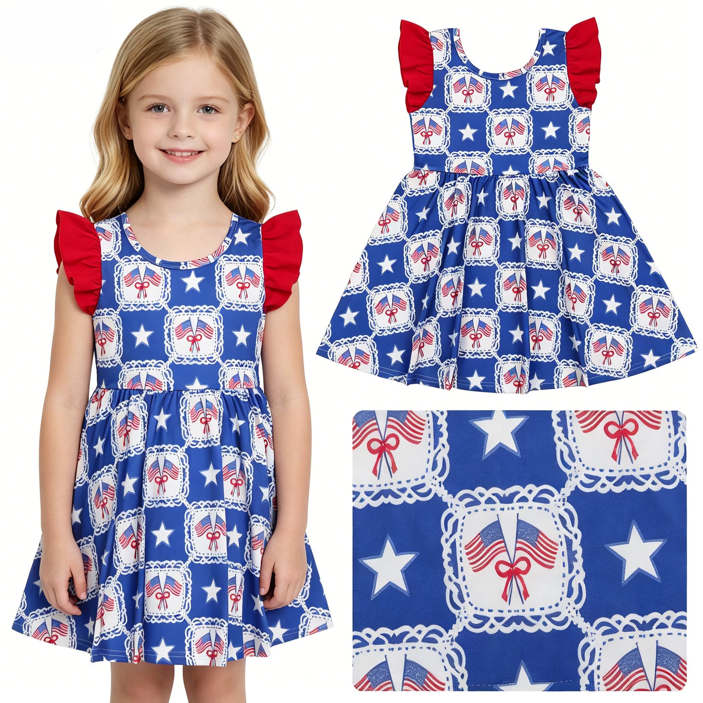 Flag & Star Bow Blue Print Baby Girls 4th of July Strap Jumpsuits Dress Sisters Wear