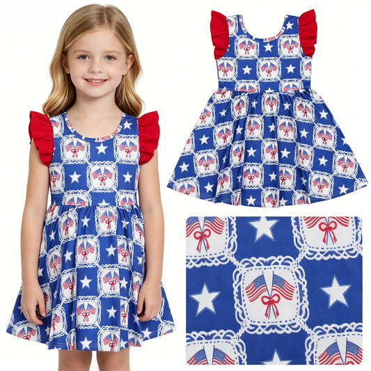 GSD3514 Blue Flag & Star Bow Flutter Sleeve 4th of July Dress - Girls