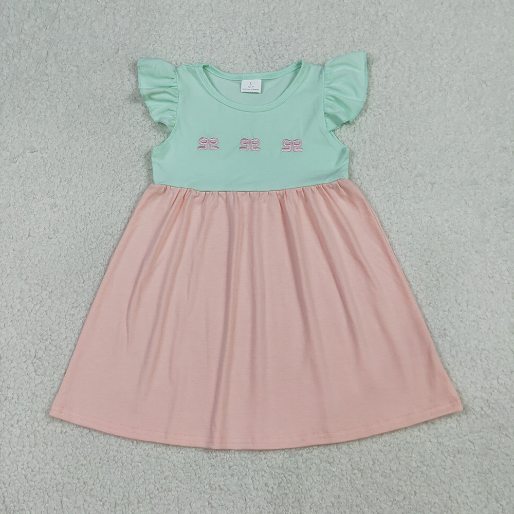 GSD3530 Girls’ Pink & Green Bow Embroidery Flutter Sleeve Dress