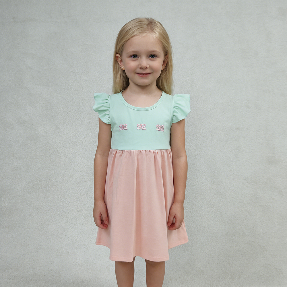GSD3530 Girls’ Pink & Green Bow Embroidery Flutter Sleeve Dress