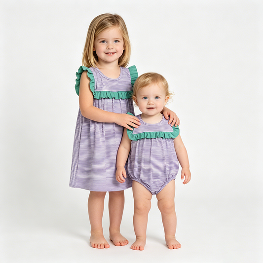 Baby Girls Purple Stripe Sleeveless Dress & Romper Sisters Wear