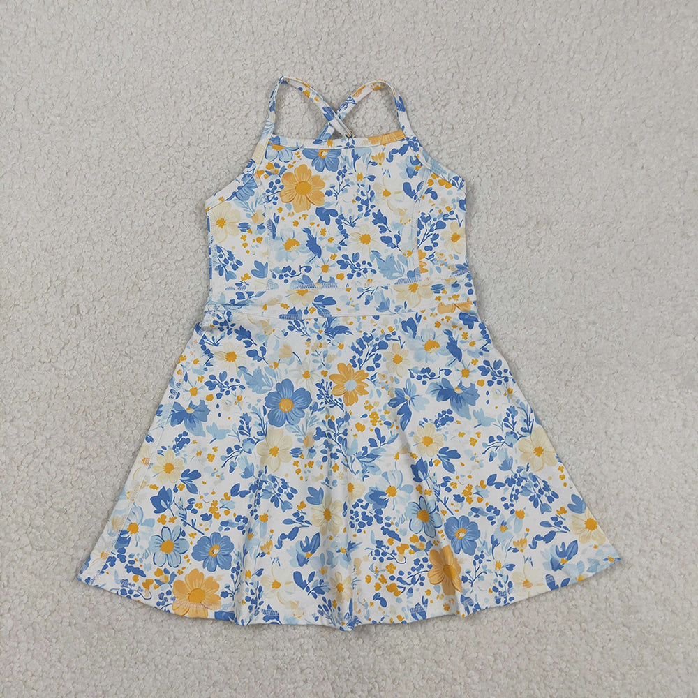GSD3565 Flowers Print Girls Summer Strap Shorts Knee Length Yoga Dress