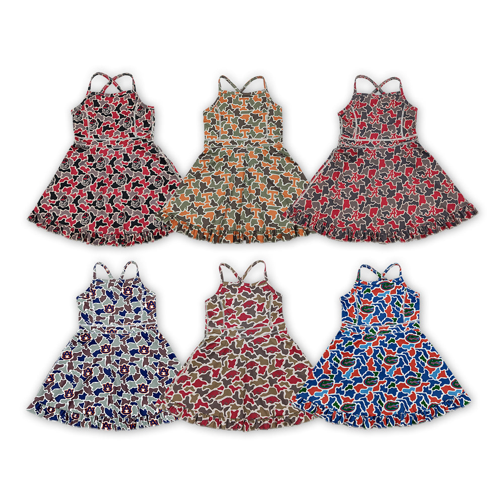 6 Colors Teams Camouflage Print Girls Ruffle Strap Yoga Dress Sisters Wear