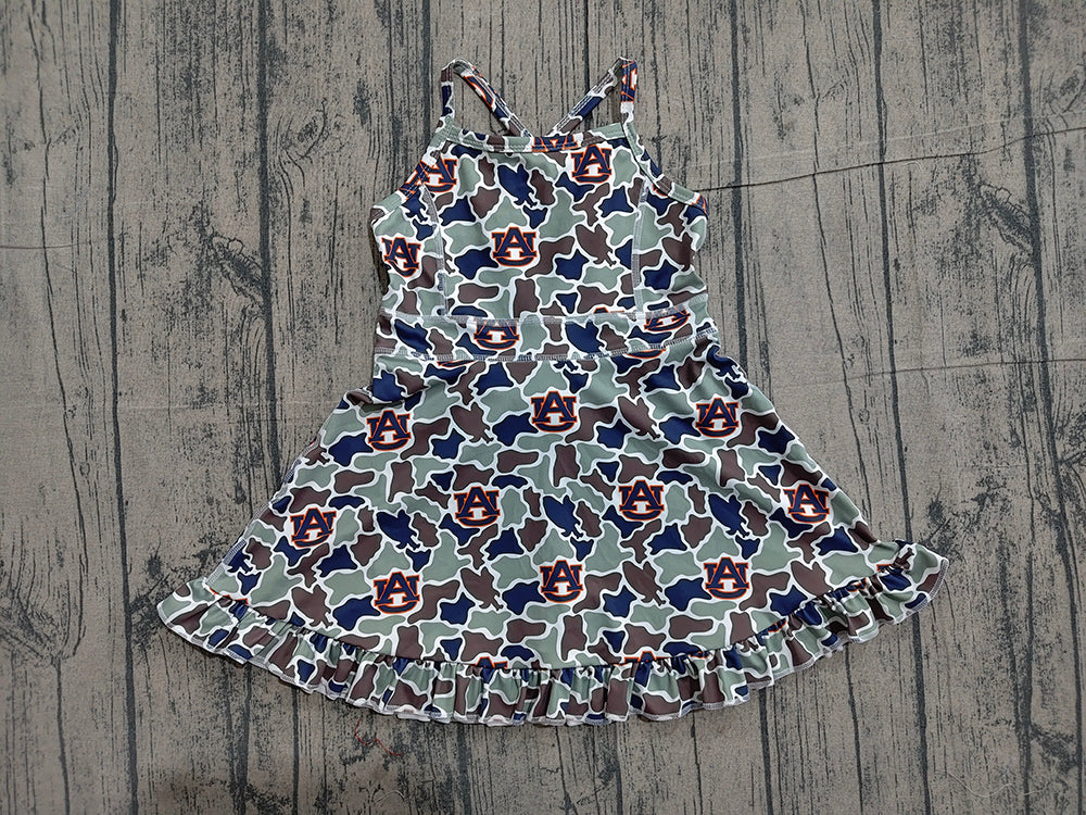 Preorder GSD3588 Teams Auburn Camo Print Girls Summer Strap Shorts Ruffle Knee Length Yoga Dress