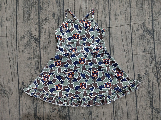 Preorder GSD3588 Teams Auburn Camo Print Girls Summer Strap Shorts Ruffle Knee Length Yoga Dress